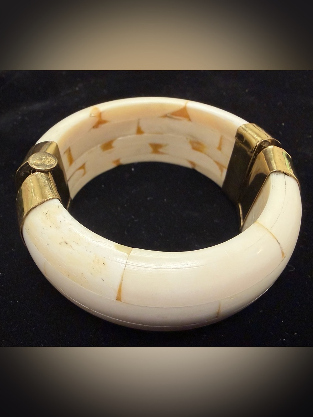 Vintage 1970s Boho Mosaic Bone Clamper Bracelet Cream Hinged Brass Cuff Bangle I